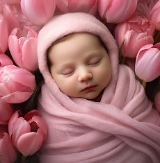 Newborn baby wrapped among tulips